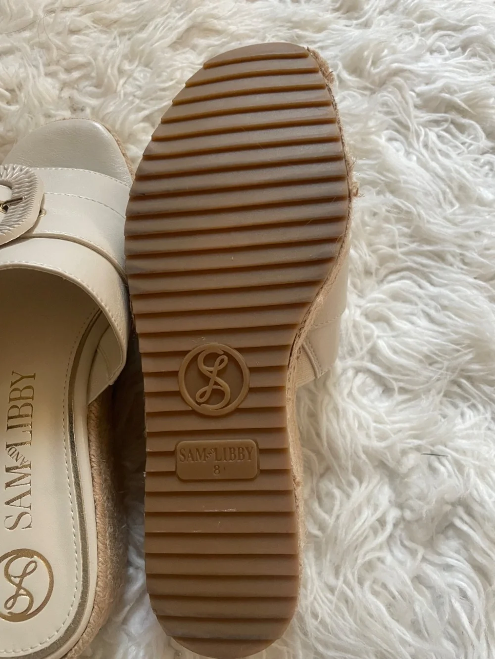 Sam and Libby Crysta Wedge Sandals Womens‎ 8 Ivory Platform Espadrille Buckle